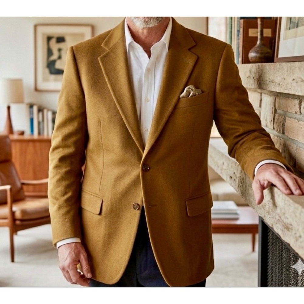 PBM Mens 100% Cashmere Blazer Sport Coat Camel Brown Vintage 46 Long 2-Button